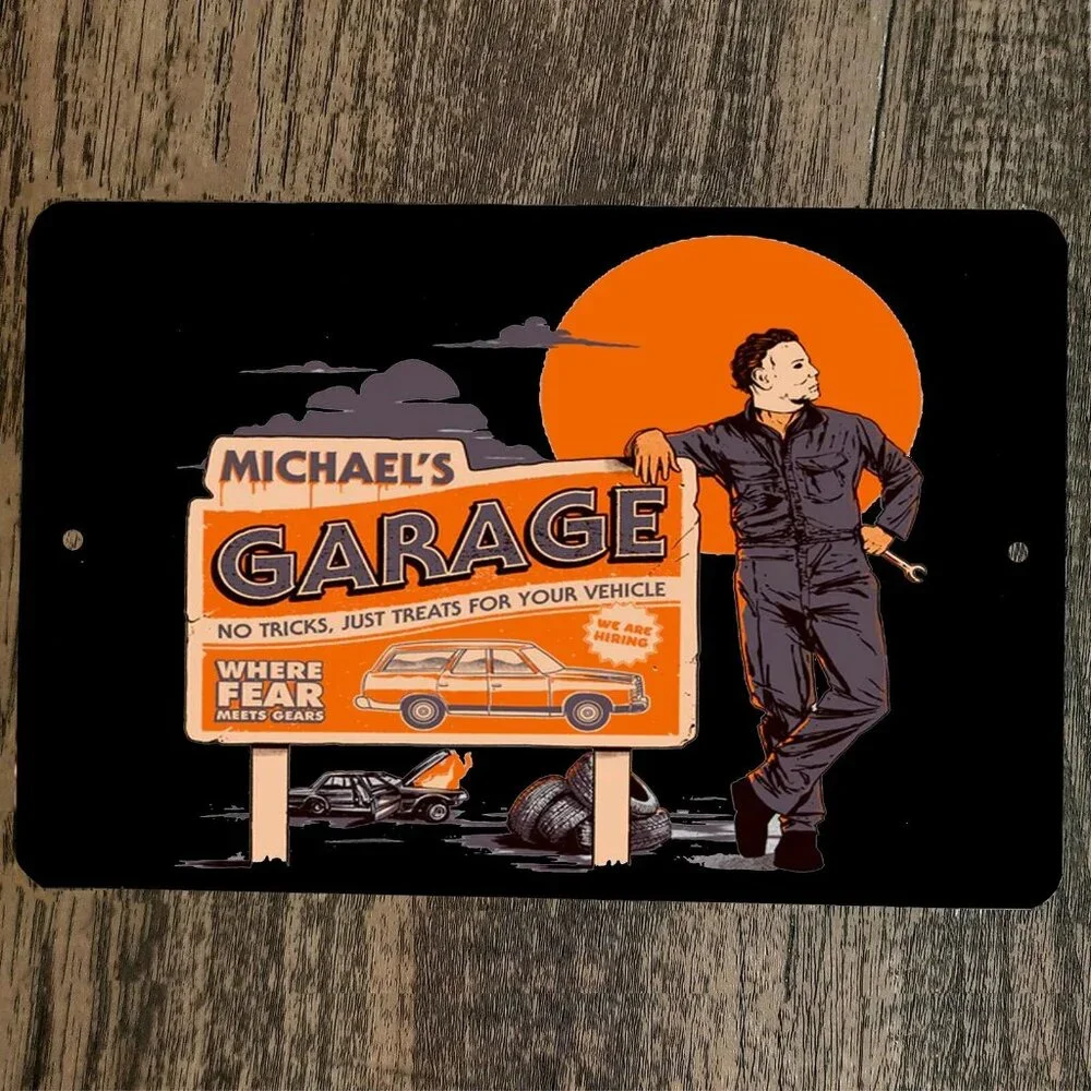 Michaels Garage 8x12 Metal Wall Halloween Sign Where Fear Meets‎ Gears Myers